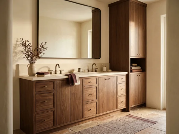 Walnut vanity with a matching linen tower in an ensuite