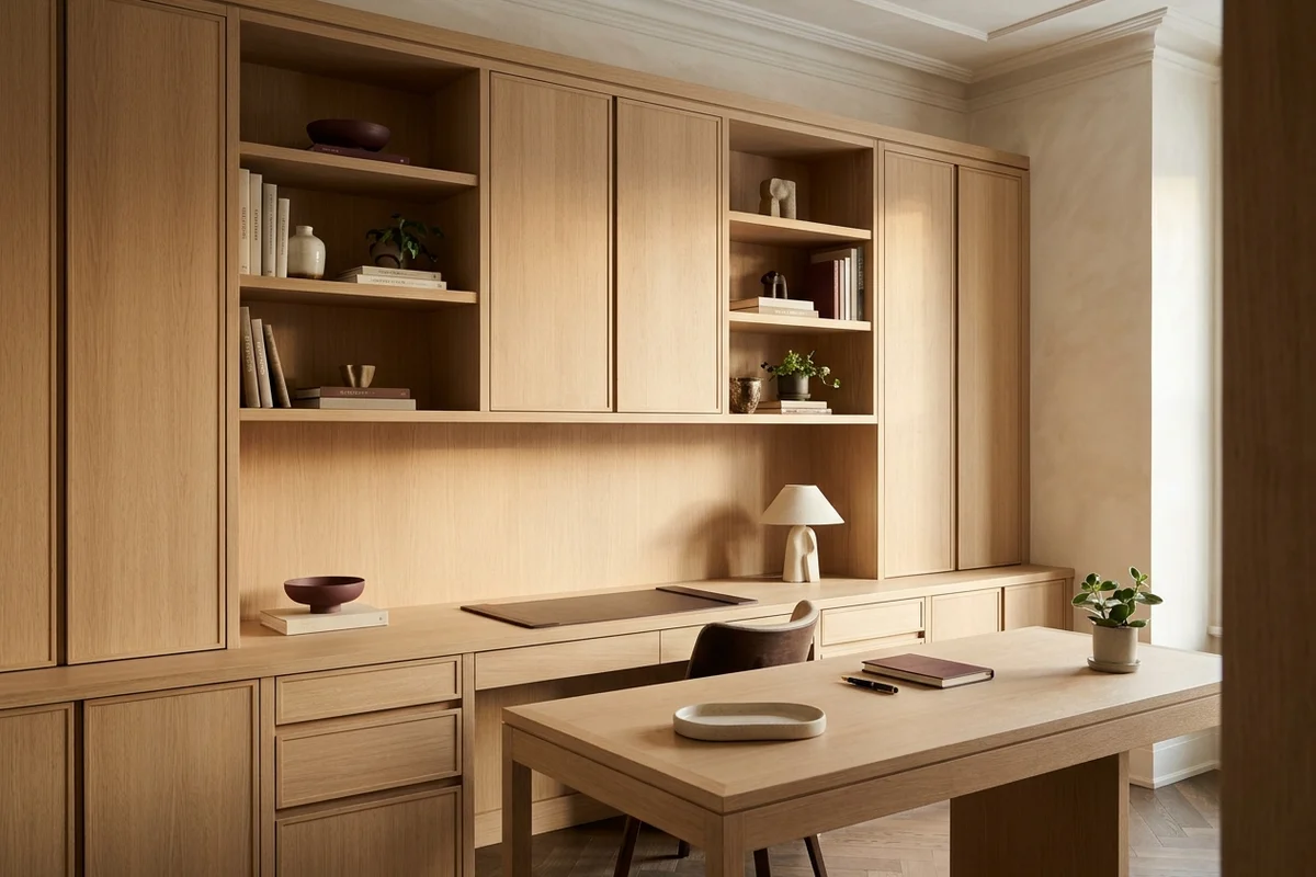 Floor-to-ceiling white oak home office wall with a built-in desk