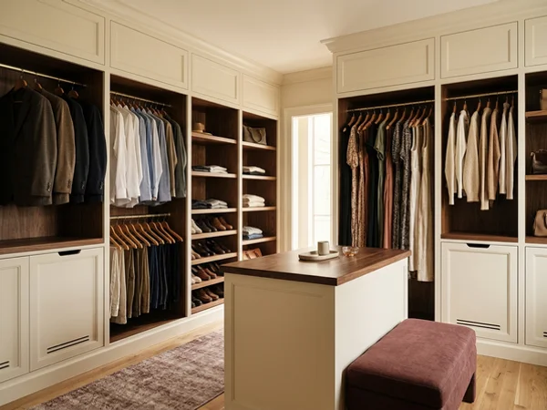 Two-sided walk-in closet with double hang and hampers