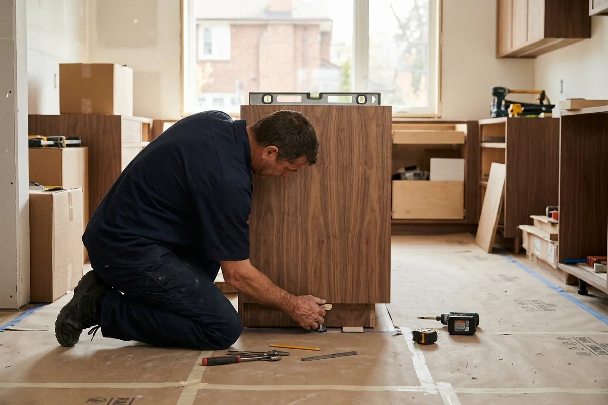 Install crew levelling a walnut base cabinet on a protected floor