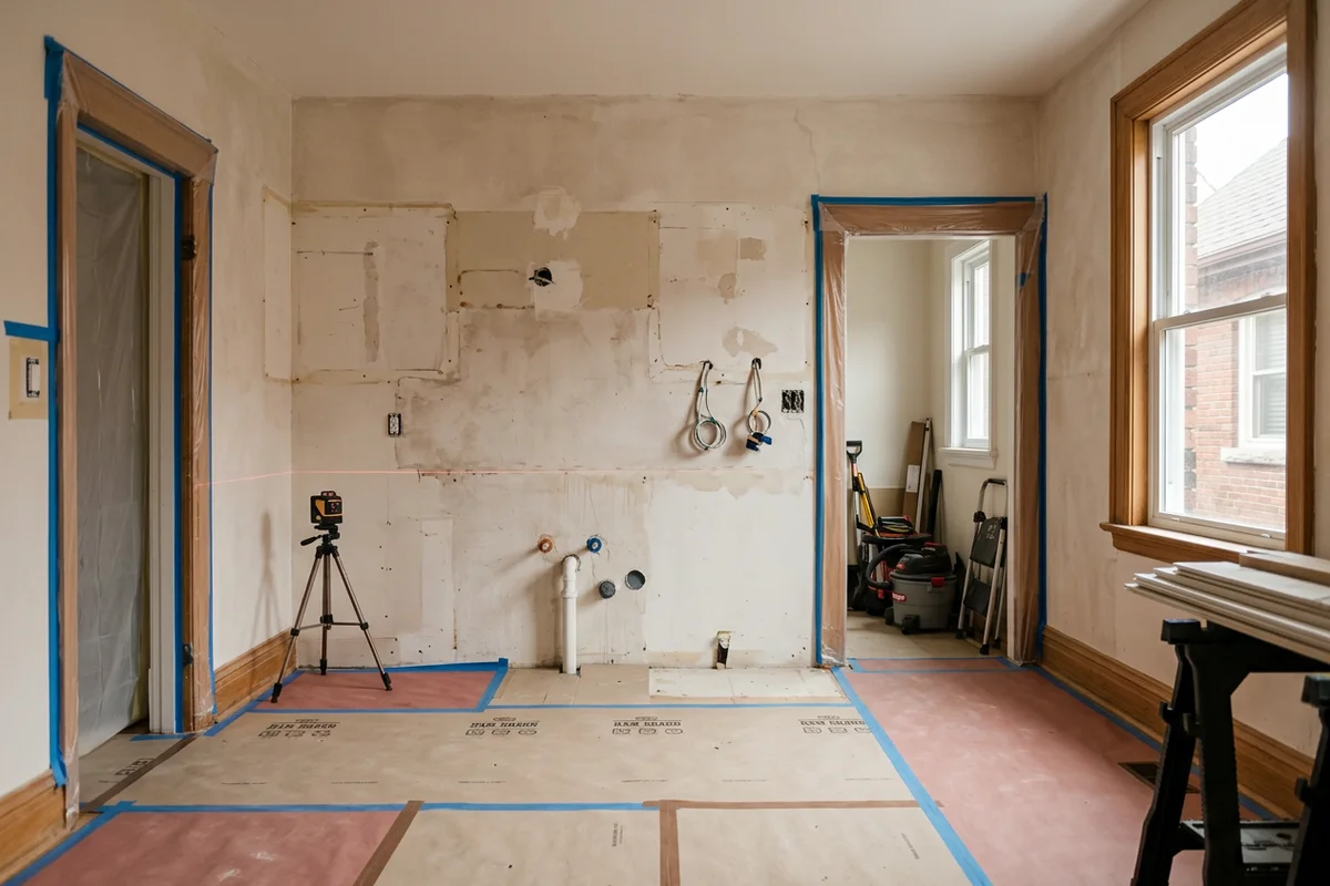 Kitchen after careful cabinet removal with protected floors and capped plumbing
