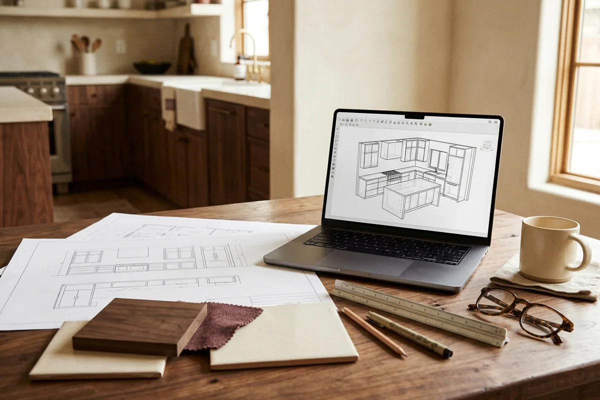Laptop showing a 3D CAD rendering of a custom kitchen beside printed drawings