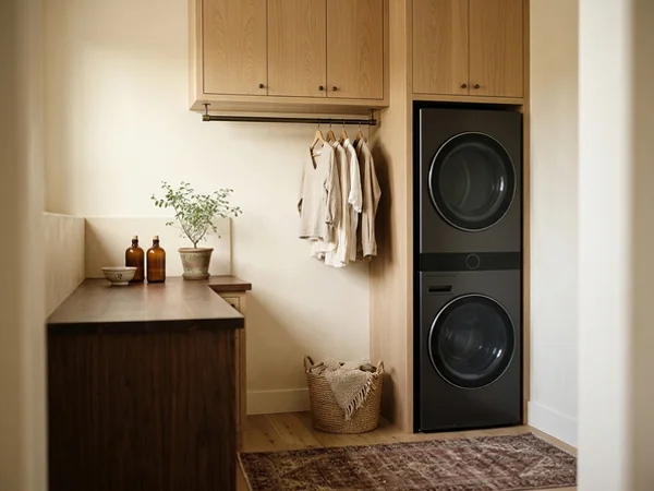 White oak uppers and a hanging rod over a stacked washer and dryer