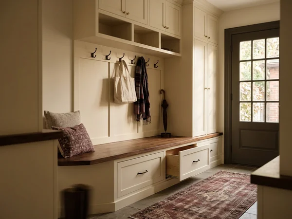 Painted mudroom lockers with a bench and boot drawers
