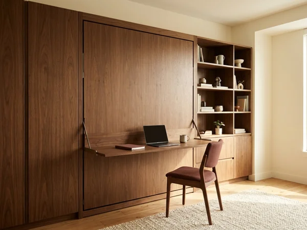Murphy bed with an integrated fold-down desk