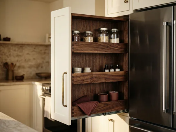 Narrow pull-out pantry beside a fridge