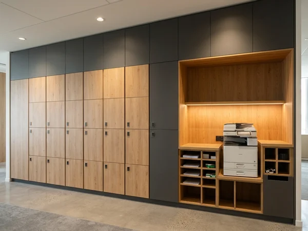 Office storage wall with lockers and printer station