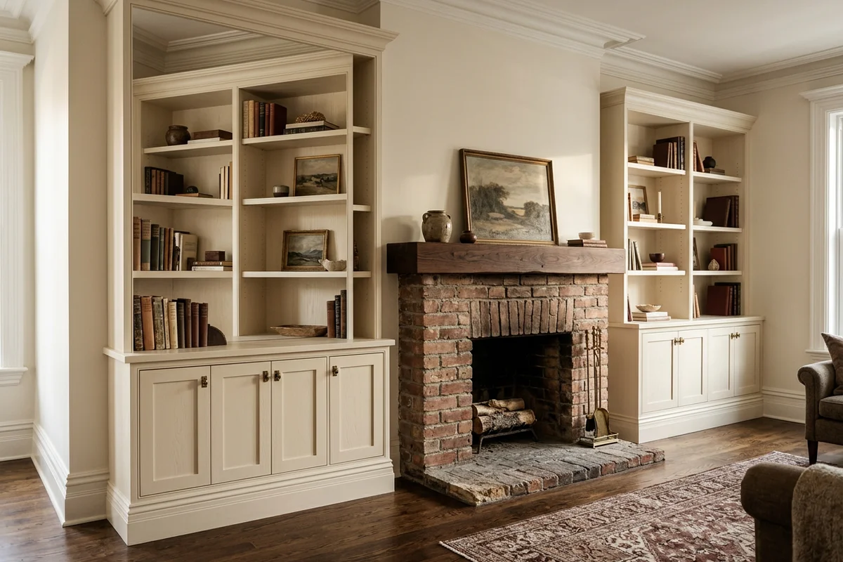 Painted built-in bookcases on both sides of a fireplace in a Toronto living room