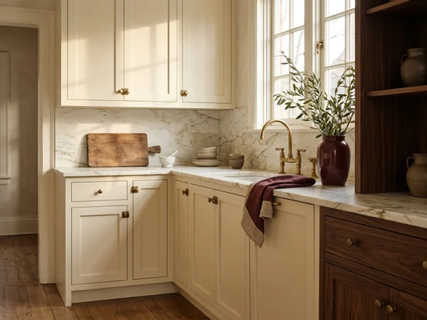 Painted inset kitchen cabinets with brass knobs