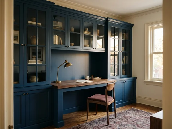 Painted navy home office built-ins with glass uppers