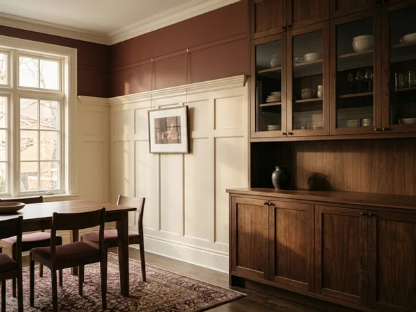 Painted wainscot panelling in a dining room