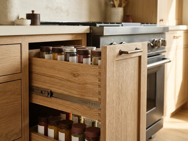 Pull-out spice rack beside a range