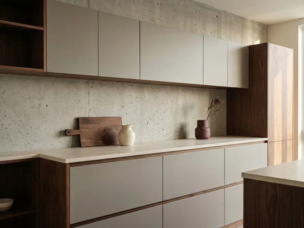 Handleless push-to-open condo cabinets against concrete