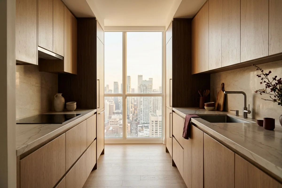 Renovated condo galley kitchen with white oak cabinets and a city view