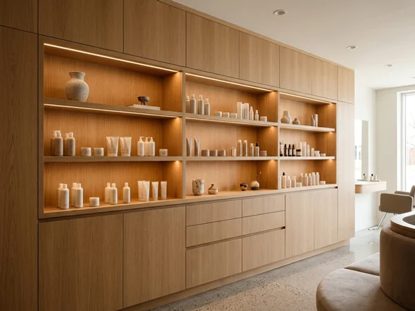 Salon retail wall with lit product shelves