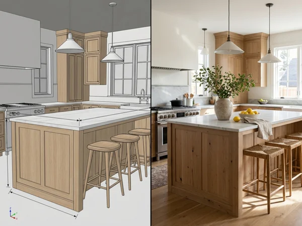 3D rendering beside the finished white oak island