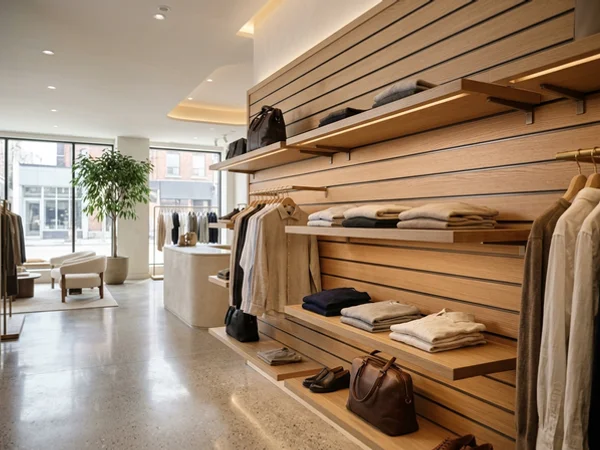 Slatwall display with hardwood-edged shelves