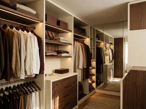 Small condo walk-in with a mirrored back wall