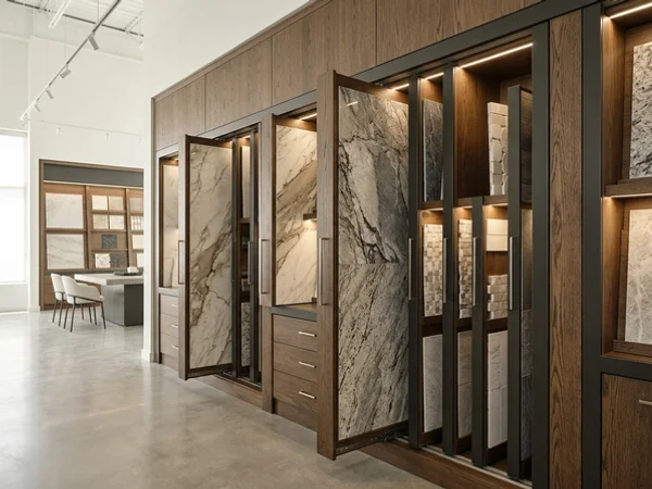 Tile showroom sample wall with pull-out boards