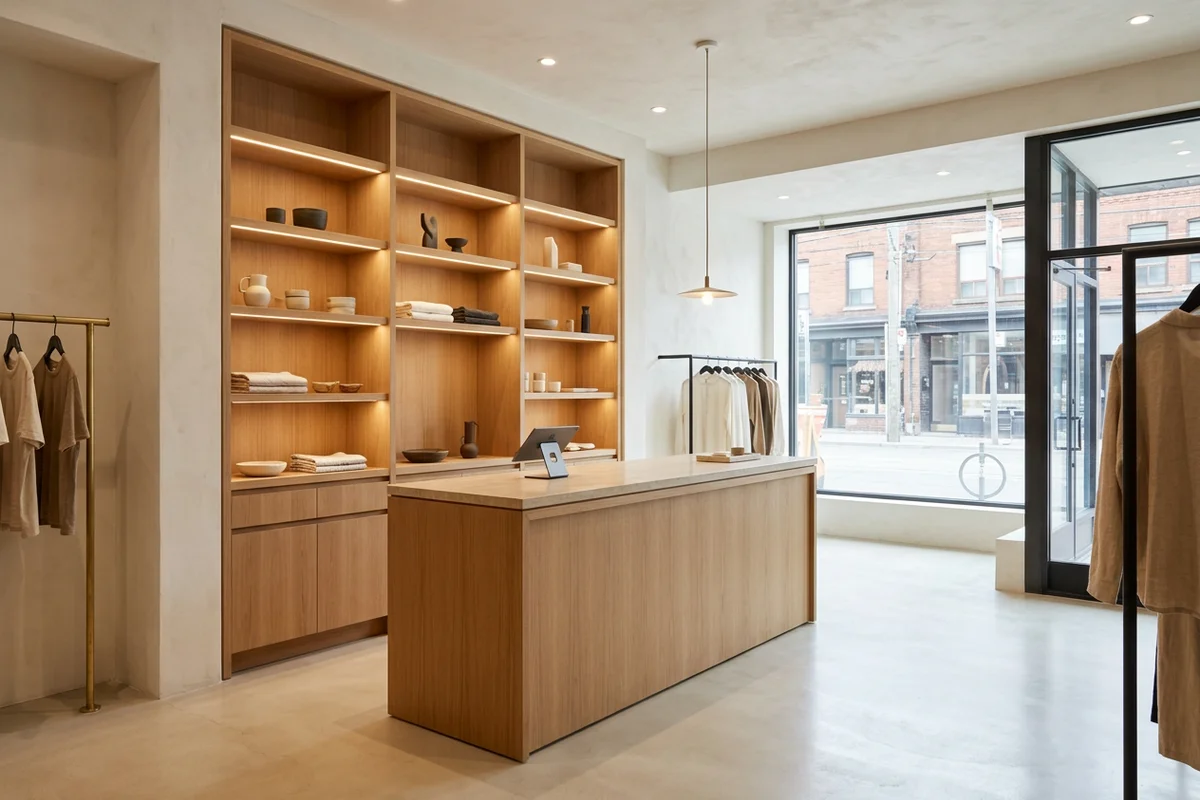 Boutique interior with a white oak cash wrap and lit wall displays