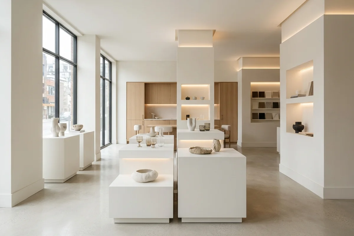 Design showroom with white display plinths and shadow reveal walls