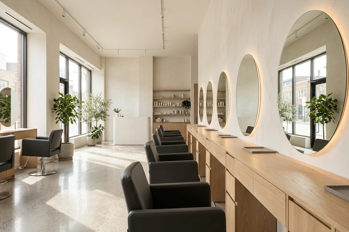 Row of custom white oak styling stations in a Toronto salon