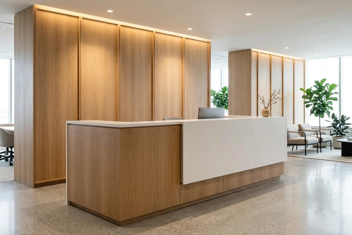 White oak veneer office reception desk with feature panelling