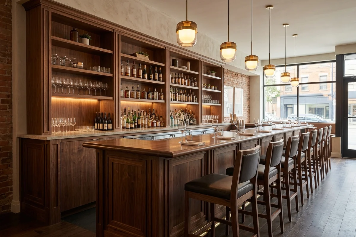 Walnut restaurant bar with back bar shelving and pendant lights