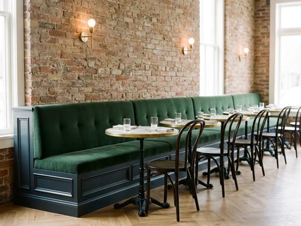 Banquette bases along a brick wall in a bistro