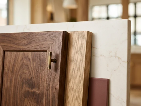 Walnut and white oak samples against a quartz slab