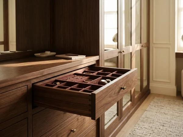 Walnut dressing room with mirrored doors and jewellery drawer