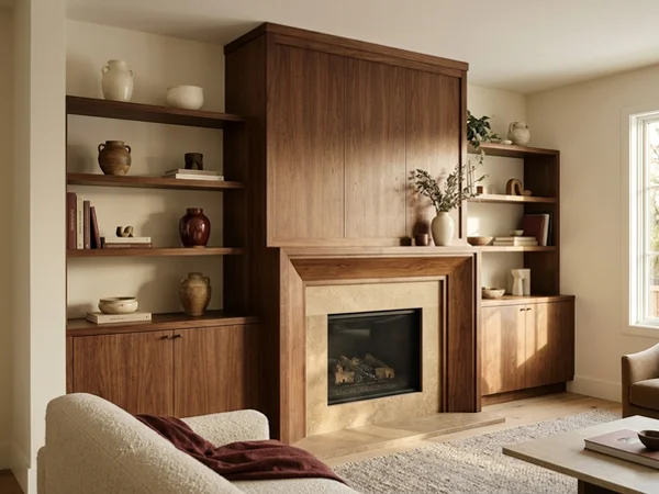 Walnut fireplace surround with flanking cabinets