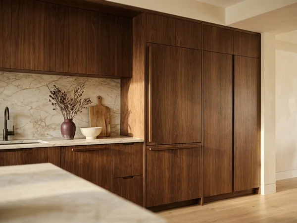 Walnut flat-slab kitchen wall with a panel-ready fridge