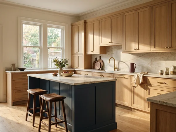 Two-tone white oak and navy Shaker kitchen in a Toronto semi