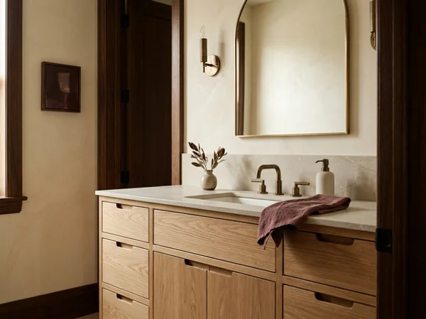 White oak single vanity with a Dekton top in a powder room