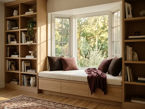 Window seat with storage and white oak bookshelves